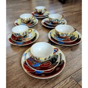 Antique Pre1910 Meiji  Satsuma Teacup Saucer Plate Set of 18 Pieces 2 Patterns
